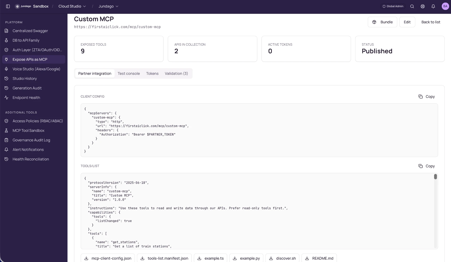 Jundago publishing API operations as MCP tools