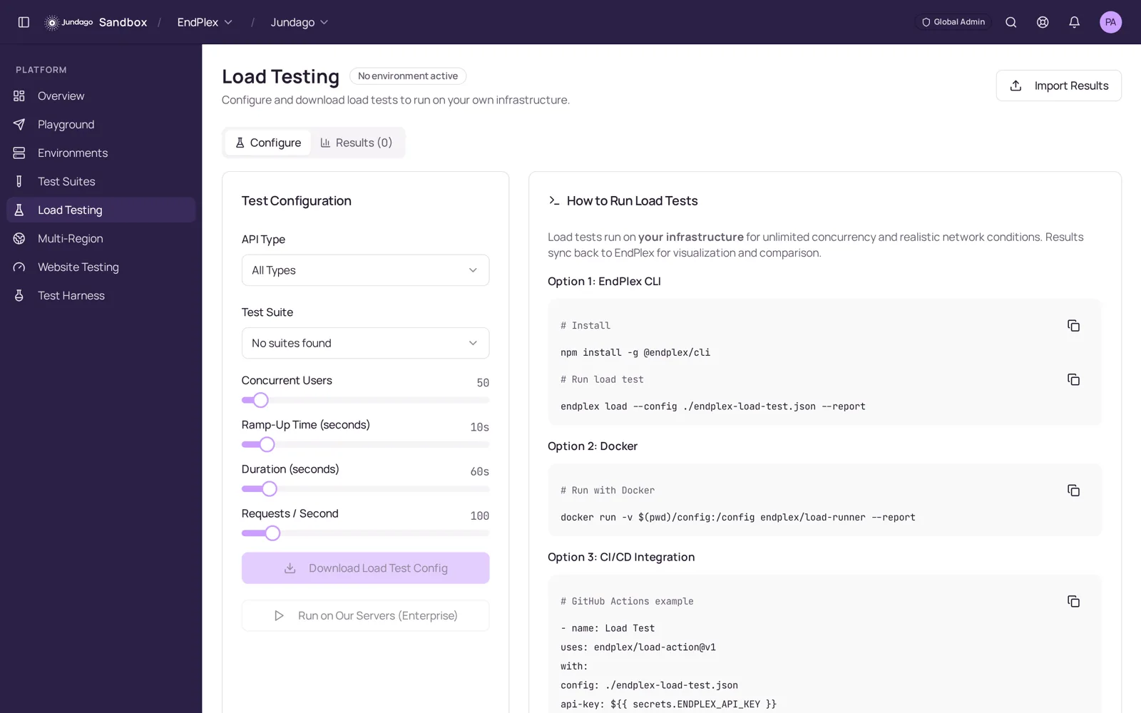 Jundago EndPlex load testing configuration with CLI, Docker and CI/CD run options