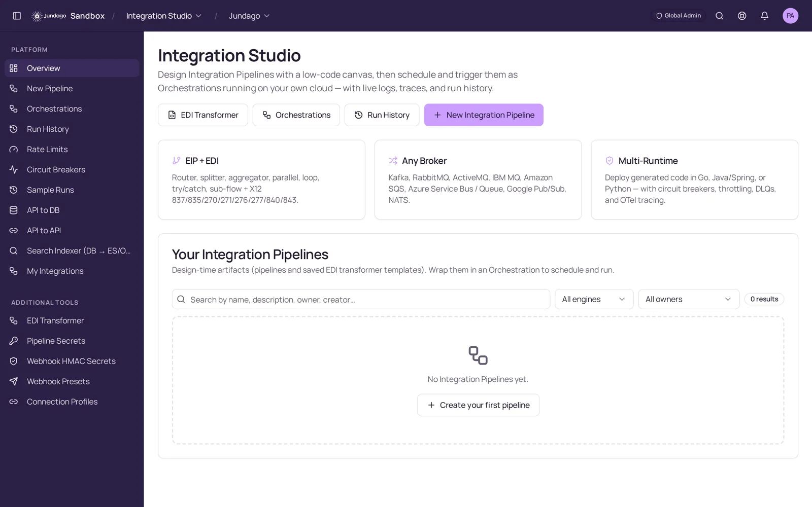 Jundago control plane listing pipelines, runs and governance status in one place