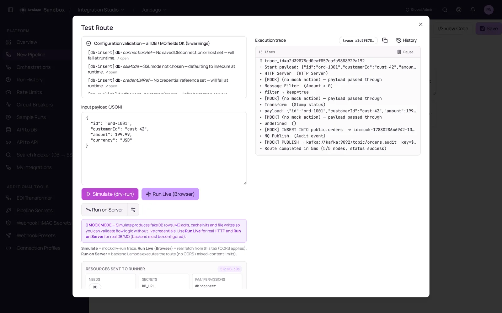 Jundago Integration Studio dry-run with configuration validation and a full execution trace